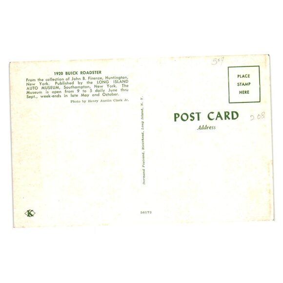 1920 Buick Roadster Vintage Long Island Auto Museum Postcard Unused Collectible - Picture 2 of 2